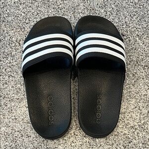 Adidas Black Slides with White Stripes